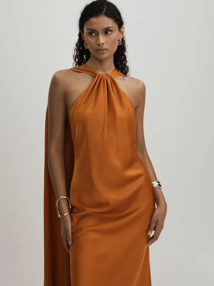 REISS Dresses Women Halston Halter Cape Maxi Dress Mustard