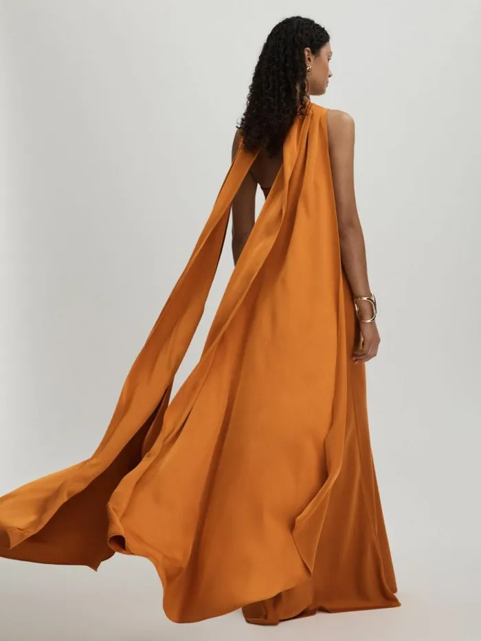 REISS Dresses Women Halston Halter Cape Maxi Dress Mustard
