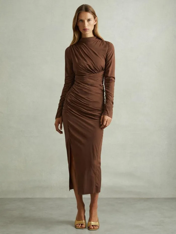 REISS Dresses Women Jersey Ruched Midi Dress Chocolate