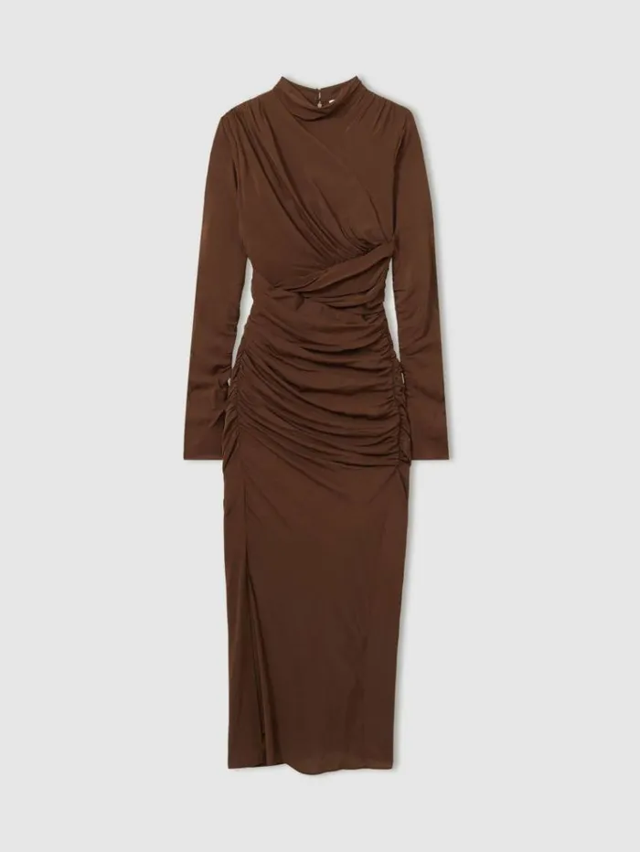 REISS Dresses Women Jersey Ruched Midi Dress Chocolate