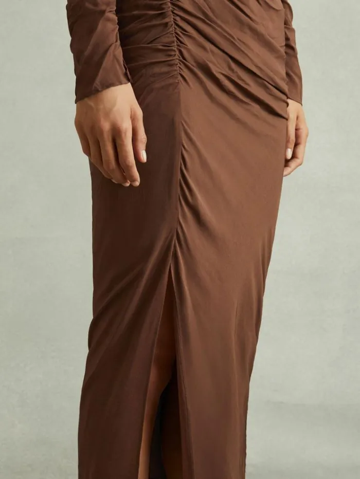 REISS Dresses Women Jersey Ruched Midi Dress Chocolate