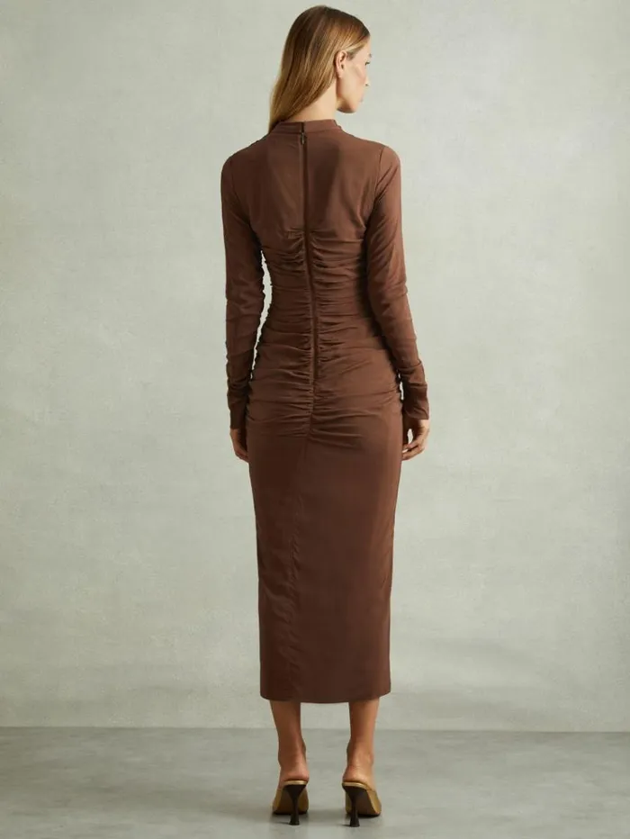 REISS Dresses Women Jersey Ruched Midi Dress Chocolate