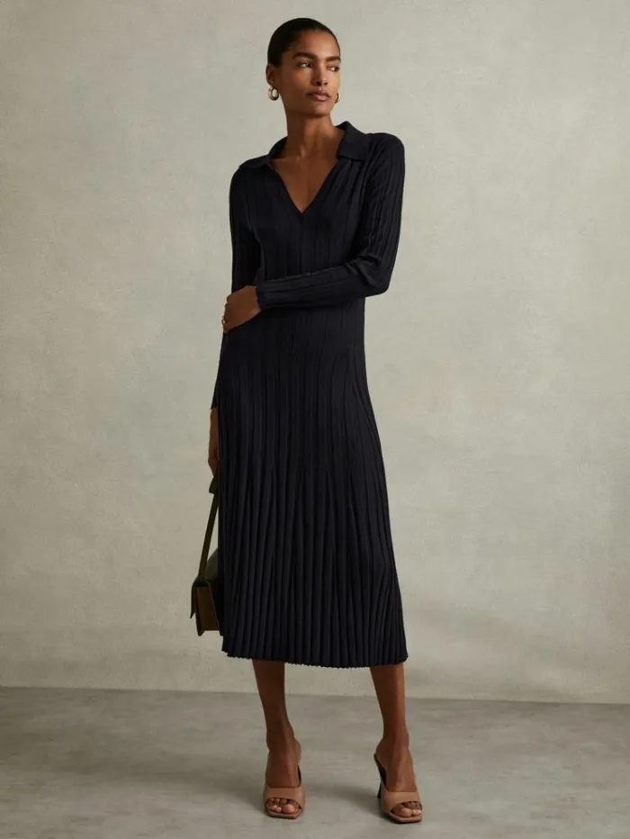 REISS Dresses Women Knitted Open Collar Midi Dress Navy