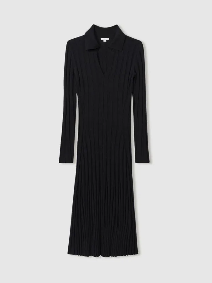 REISS Dresses Women Knitted Open Collar Midi Dress Navy