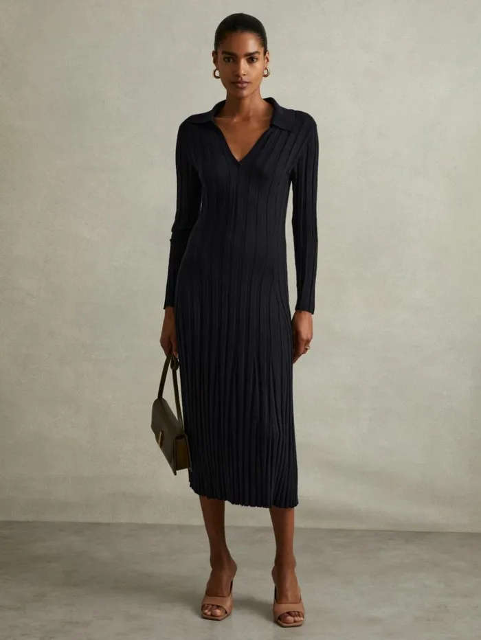 REISS Dresses Women Knitted Open Collar Midi Dress Navy