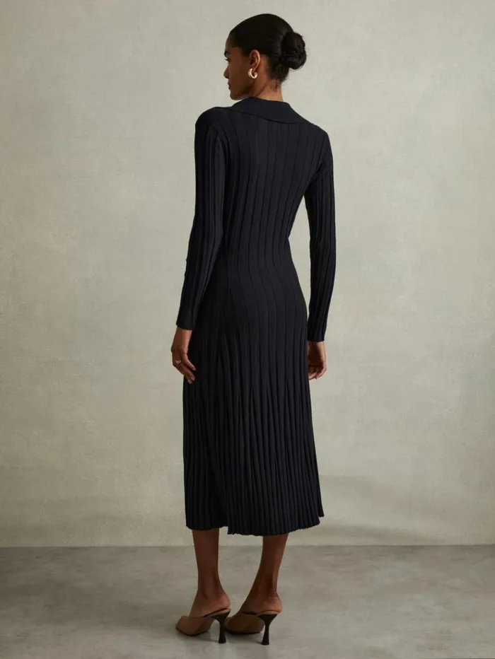 REISS Dresses Women Knitted Open Collar Midi Dress Navy
