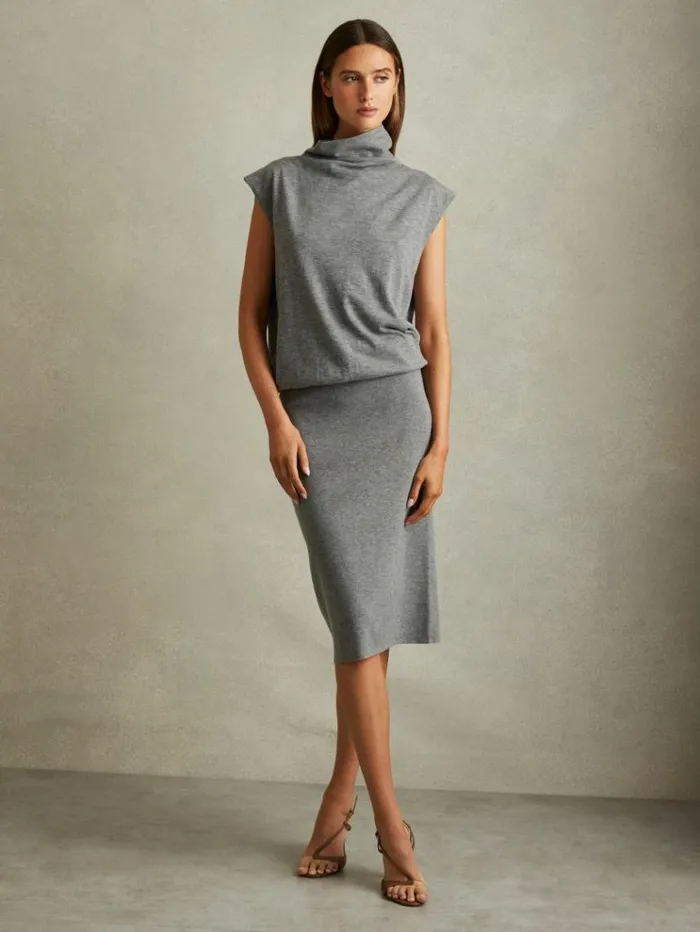 REISS Dresses Women Knitted WoolCashmere Blouson Top Midi Dress Grey