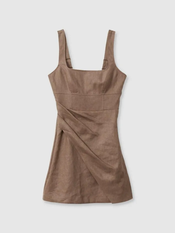 REISS Dresses Women Linen Pleat Detail Mini Dress Brown