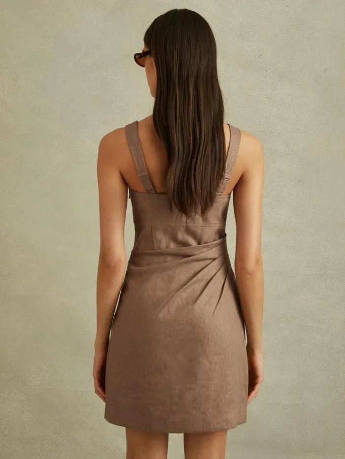 REISS Dresses Women Linen Pleat Detail Mini Dress Brown