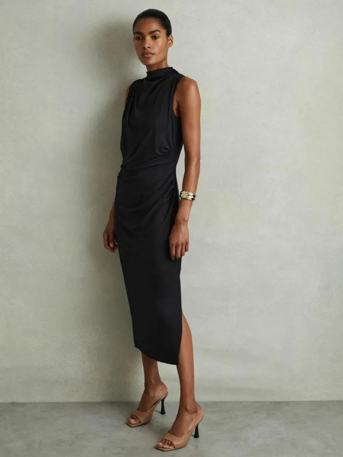 REISS Dresses Women Modal Blend Ruched Midi Dress Charcoal
