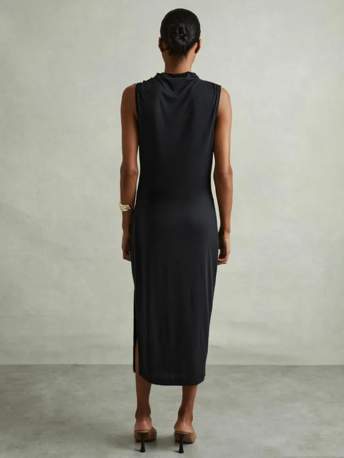 REISS Dresses Women Modal Blend Ruched Midi Dress Charcoal