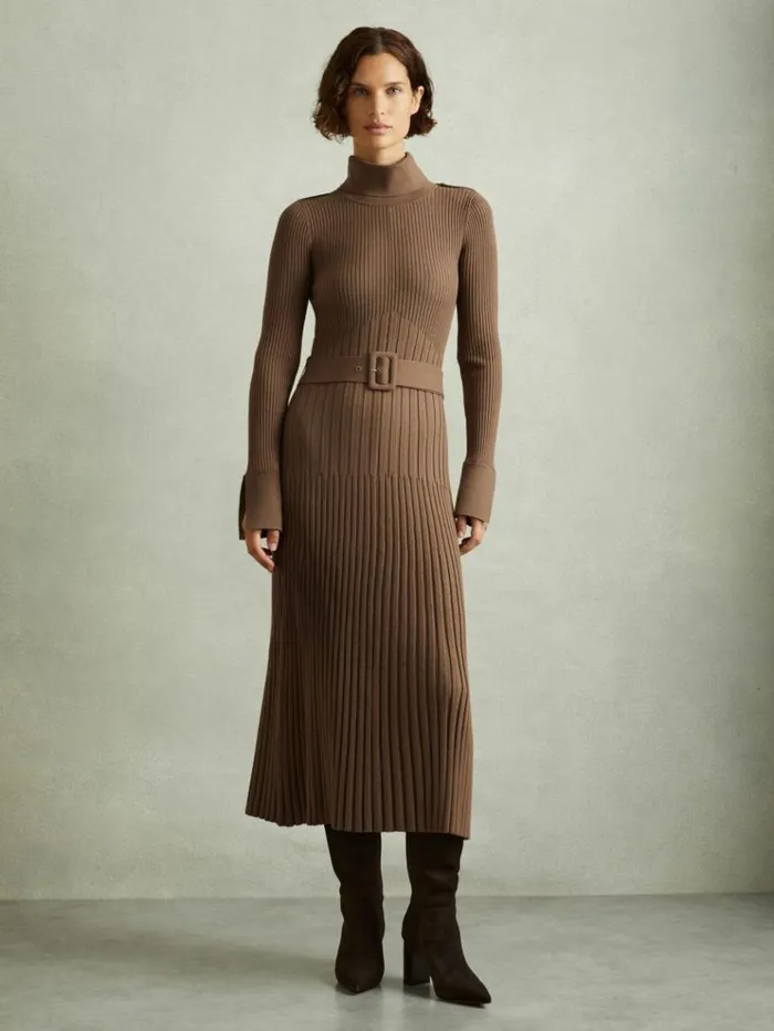 REISS Dresses Women Ribbed Funnel Neck Belted Midi Dress Mocha