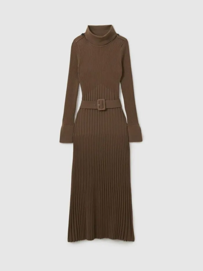 REISS Dresses Women Ribbed Funnel Neck Belted Midi Dress Mocha
