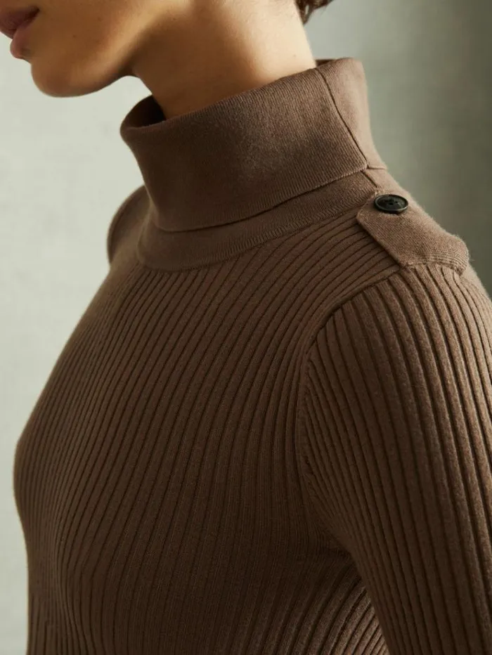 REISS Dresses Women Ribbed Funnel Neck Belted Midi Dress Mocha