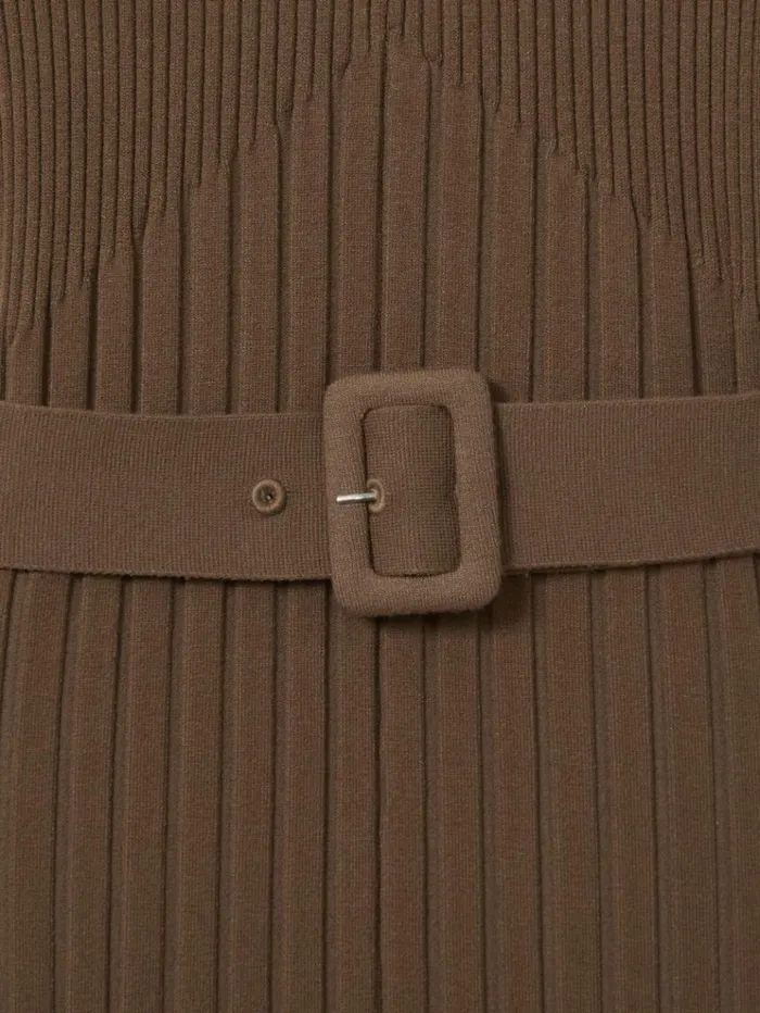 REISS Dresses Women Ribbed Funnel Neck Belted Midi Dress Mocha