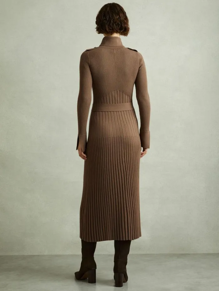 REISS Dresses Women Ribbed Funnel Neck Belted Midi Dress Mocha