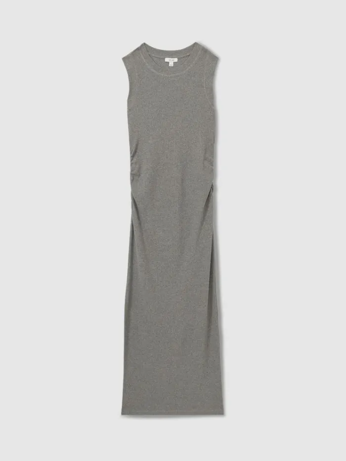 REISS Dresses Women Ribbed Ruched Jersey Midi Dress Charcoal