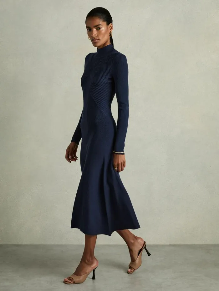 REISS Dresses Women Round Neck Ribbed Midi Dress Navy