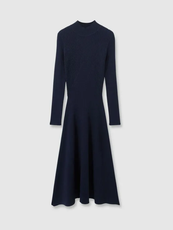 REISS Dresses Women Round Neck Ribbed Midi Dress Navy