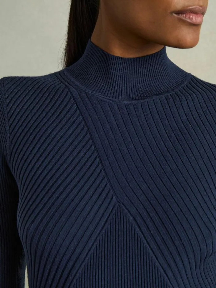 REISS Dresses Women Round Neck Ribbed Midi Dress Navy