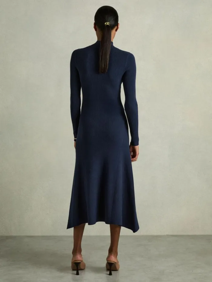 REISS Dresses Women Round Neck Ribbed Midi Dress Navy