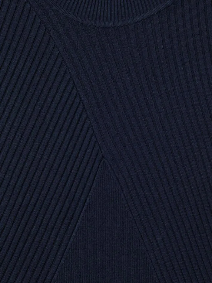 REISS Dresses Women Round Neck Ribbed Midi Dress Navy