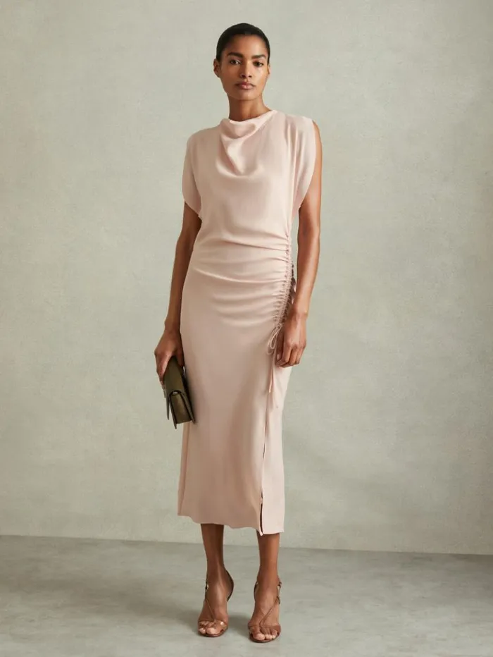 REISS Dresses Women Ruched Cowl Neck Midi Dress Pale Pink