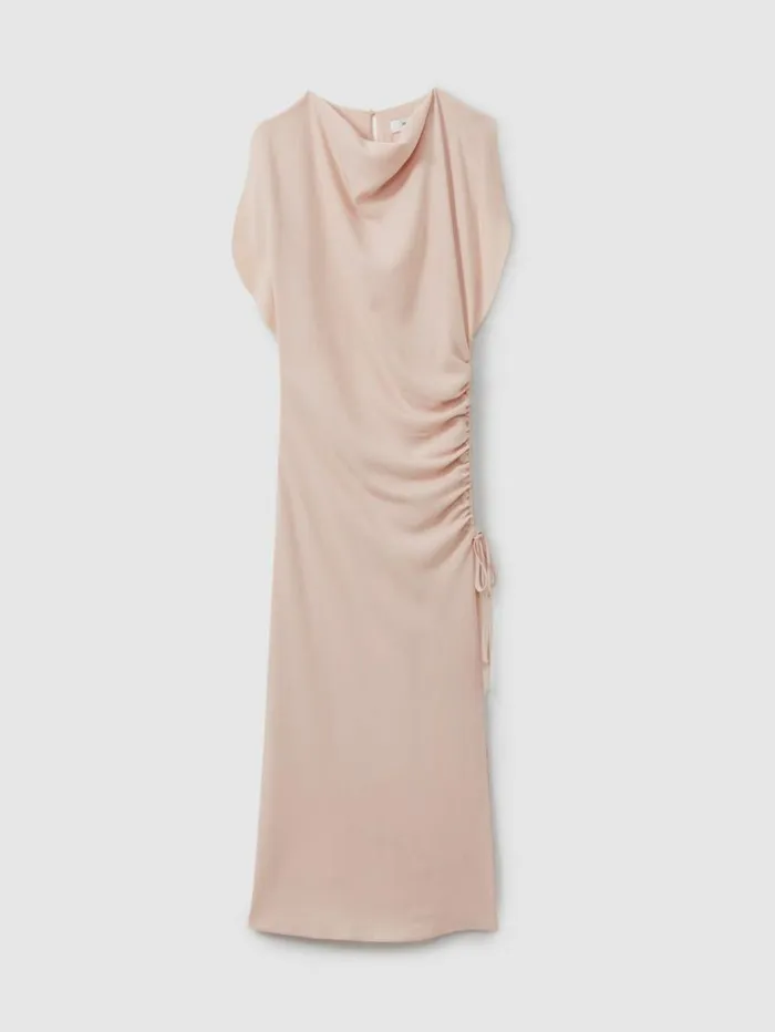 REISS Dresses Women Ruched Cowl Neck Midi Dress Pale Pink