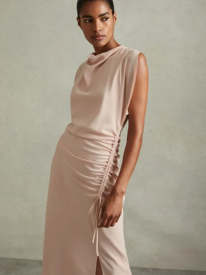 REISS Dresses Women Ruched Cowl Neck Midi Dress Pale Pink