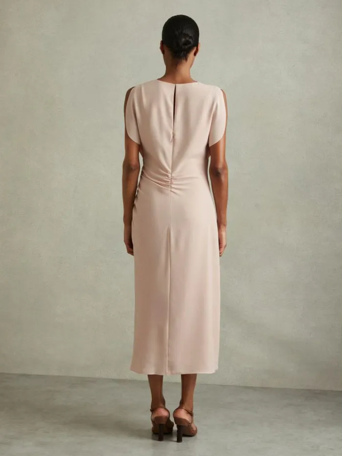 REISS Dresses Women Ruched Cowl Neck Midi Dress Pale Pink