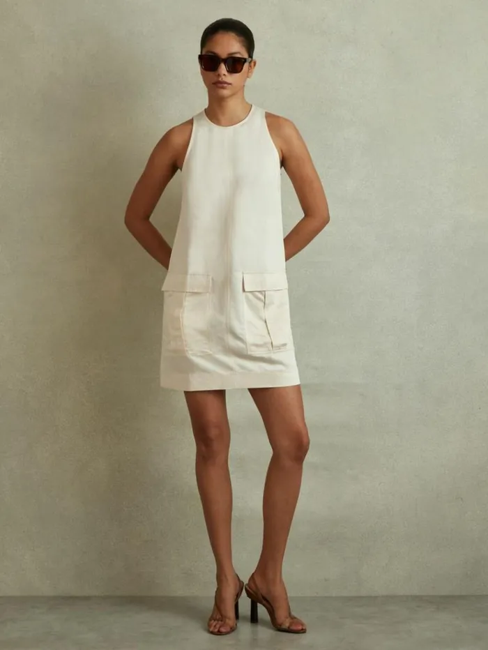 REISS Dresses Women ViscoseLinen Cargo Pocket Tunic Dress Beige