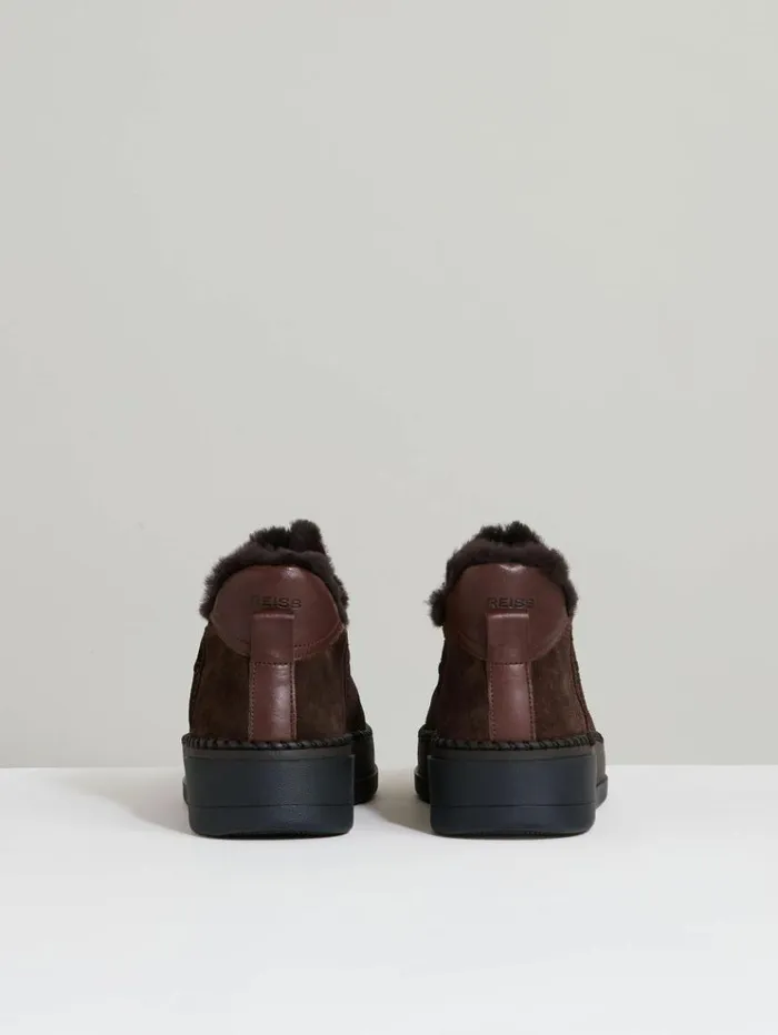 REISS Flats Women ShearlingLined Suede Ankle Boots Chocolate