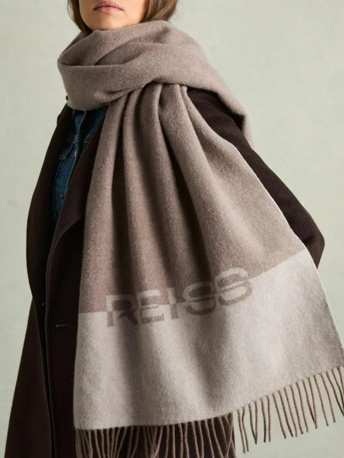 REISS Hats Gloves and Scarves Women Wool LogoJacquard Scarf Taupe