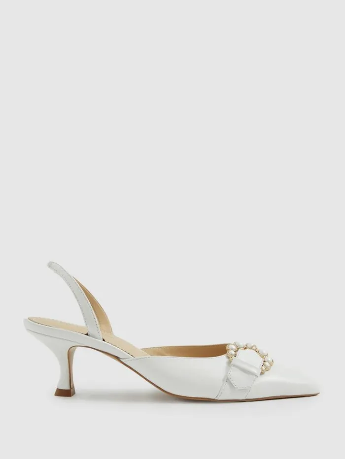 REISS Heels Women Leather Slingback Kitten Heels Snow White