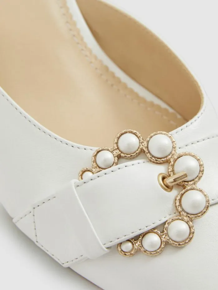 REISS Heels Women Leather Slingback Kitten Heels Snow White