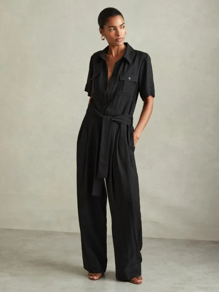 REISS Jumpsuits and Rompers Women Belted Utility Wide Leg Jumpsuit Black