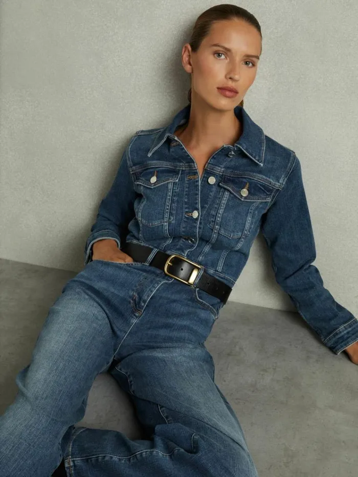 REISS Jumpsuits and Rompers Women Relaxed Fit CottonBlend Denim Jumpsuit Mid Blue REISS Jumpsuits and Rompers Women Relaxed Fit CottonBlend Denim Jumpsuit Mid Blue