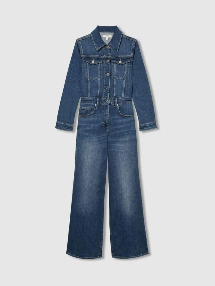 REISS Jumpsuits and Rompers Women Relaxed Fit CottonBlend Denim Jumpsuit Mid Blue