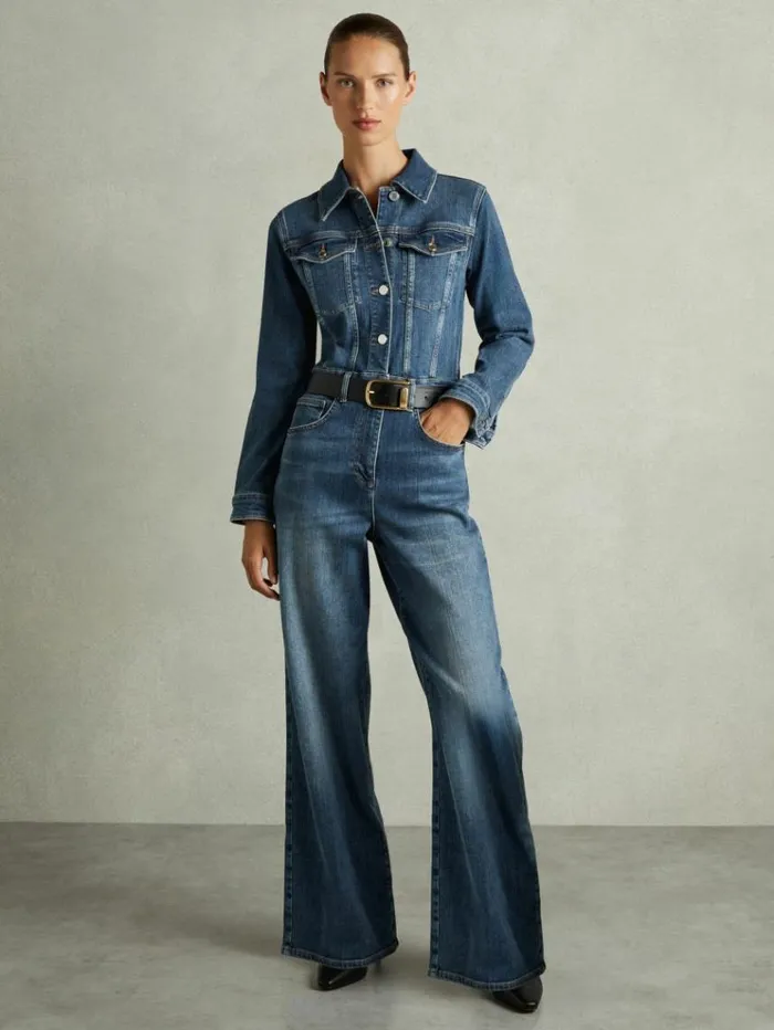 REISS Jumpsuits and Rompers Women Relaxed Fit CottonBlend Denim Jumpsuit Mid Blue
