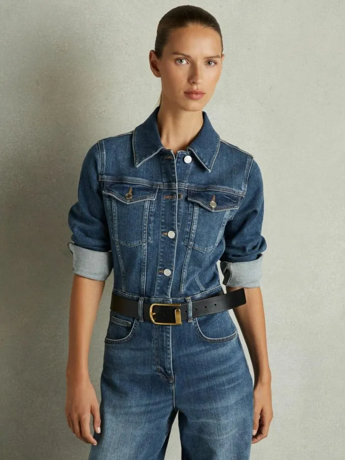 REISS Jumpsuits and Rompers Women Relaxed Fit CottonBlend Denim Jumpsuit Mid Blue