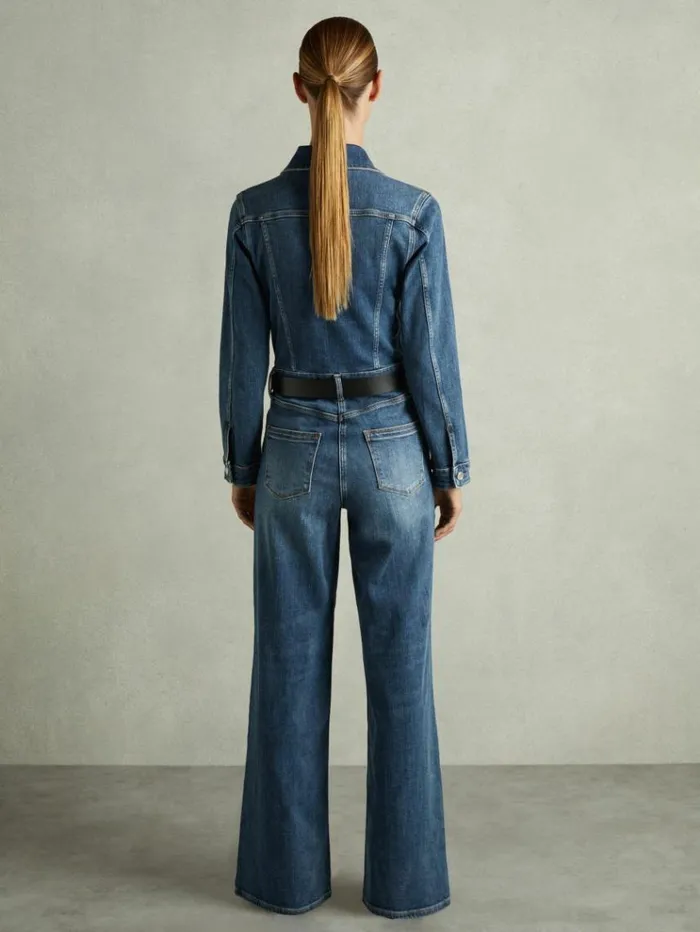 REISS Jumpsuits and Rompers Women Relaxed Fit CottonBlend Denim Jumpsuit Mid Blue