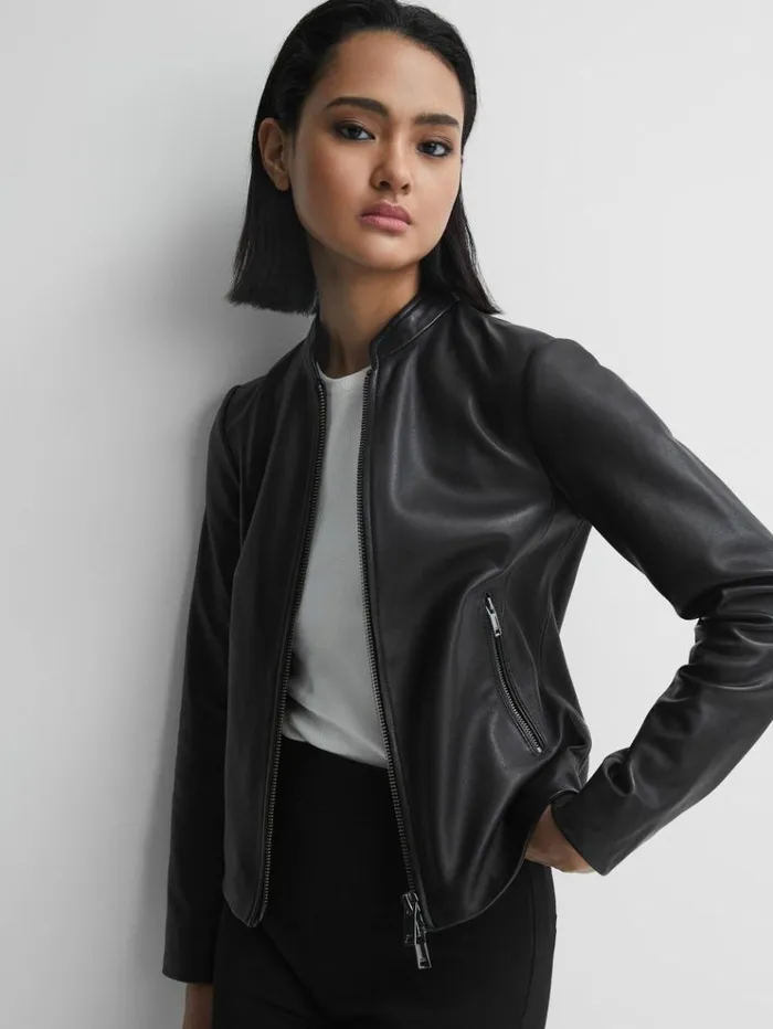 REISS Leather Jackets Women Leather Collarless Biker Jacket Black