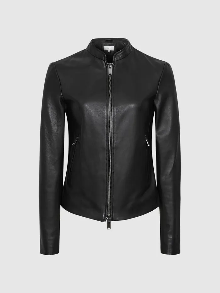 REISS Leather Jackets Women Leather Collarless Biker Jacket Black