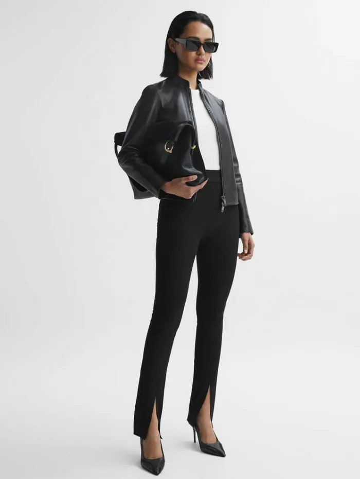 REISS Leather Jackets Women Leather Collarless Biker Jacket Black