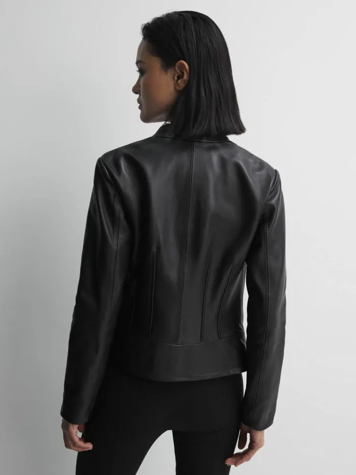 REISS Leather Jackets Women Leather Collarless Biker Jacket Black