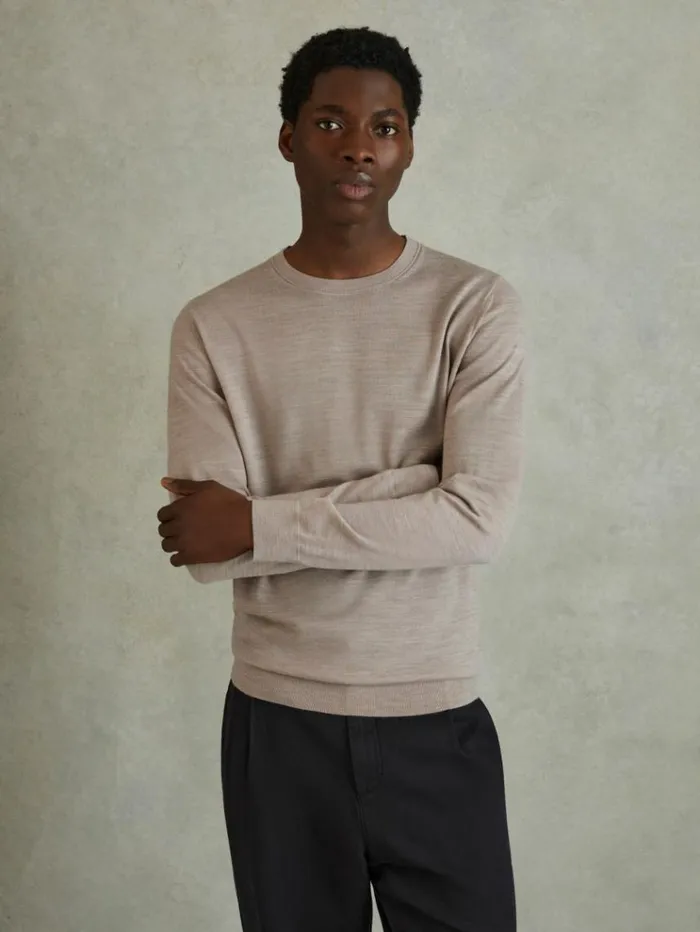 REISS Merino Sweaters Men Merino Wool Crew Neck Jumper Wheat Melange