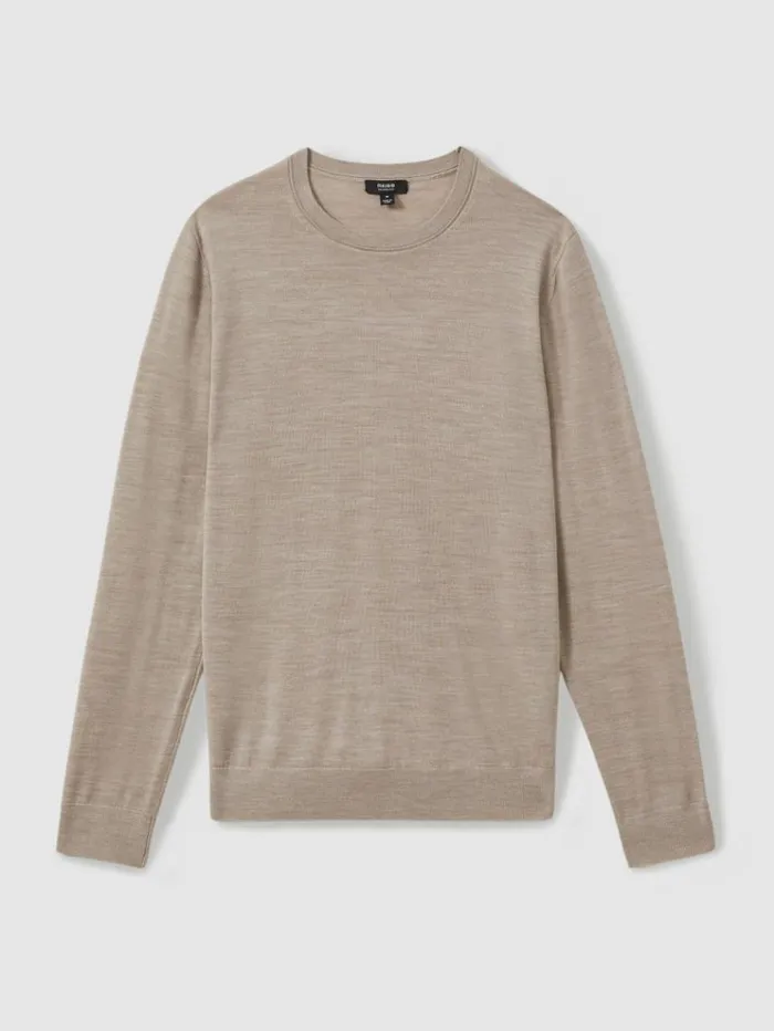 REISS Merino Sweaters Men Merino Wool Crew Neck Jumper Wheat Melange