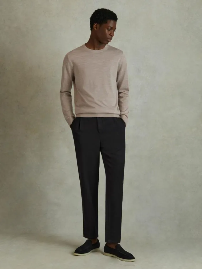 REISS Merino Sweaters Men Merino Wool Crew Neck Jumper Wheat Melange