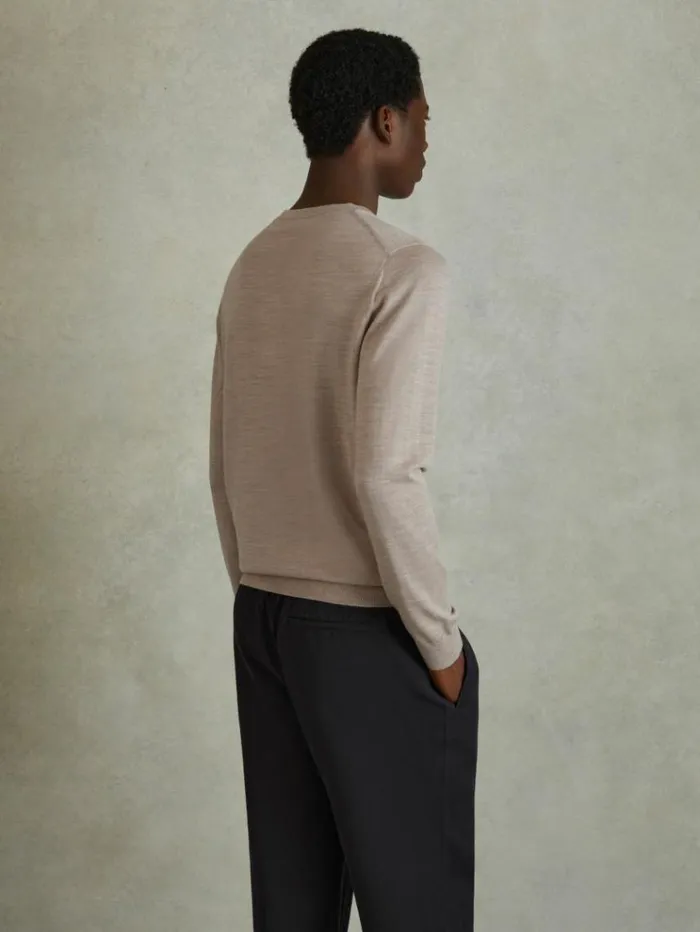 REISS Merino Sweaters Men Merino Wool Crew Neck Jumper Wheat Melange