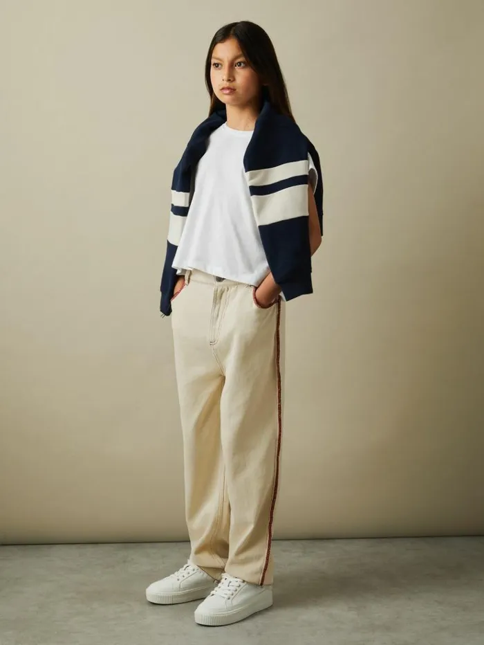 REISS Pants Children Contrast Stitch Frayed Hem Jeans Ecru